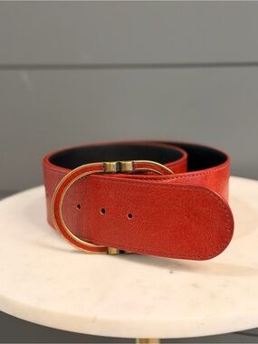 Sézane Wide Red Leather Belt with Double Ring Buckle
